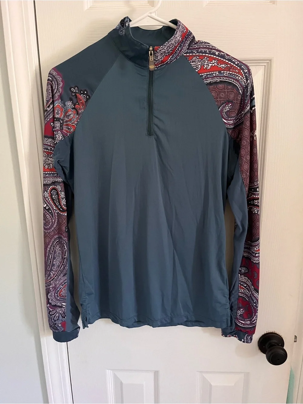 Long-Sleeve Women's Active Top in Teal with Paisley Sleeves